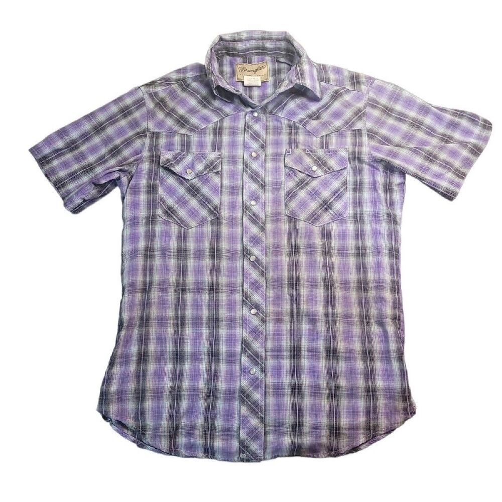 Wrangler Western Shirt Mens M Purple Multi Plaid Cotton Pearl Snap Up Cowboy